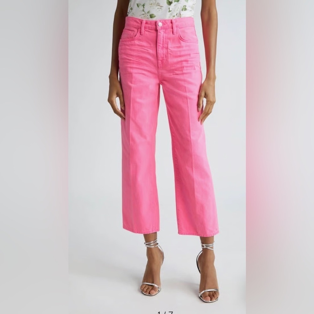 New L’Agence June Ultra High Rise Cropped Jeans Shocking Pink Distressed Sz 28
